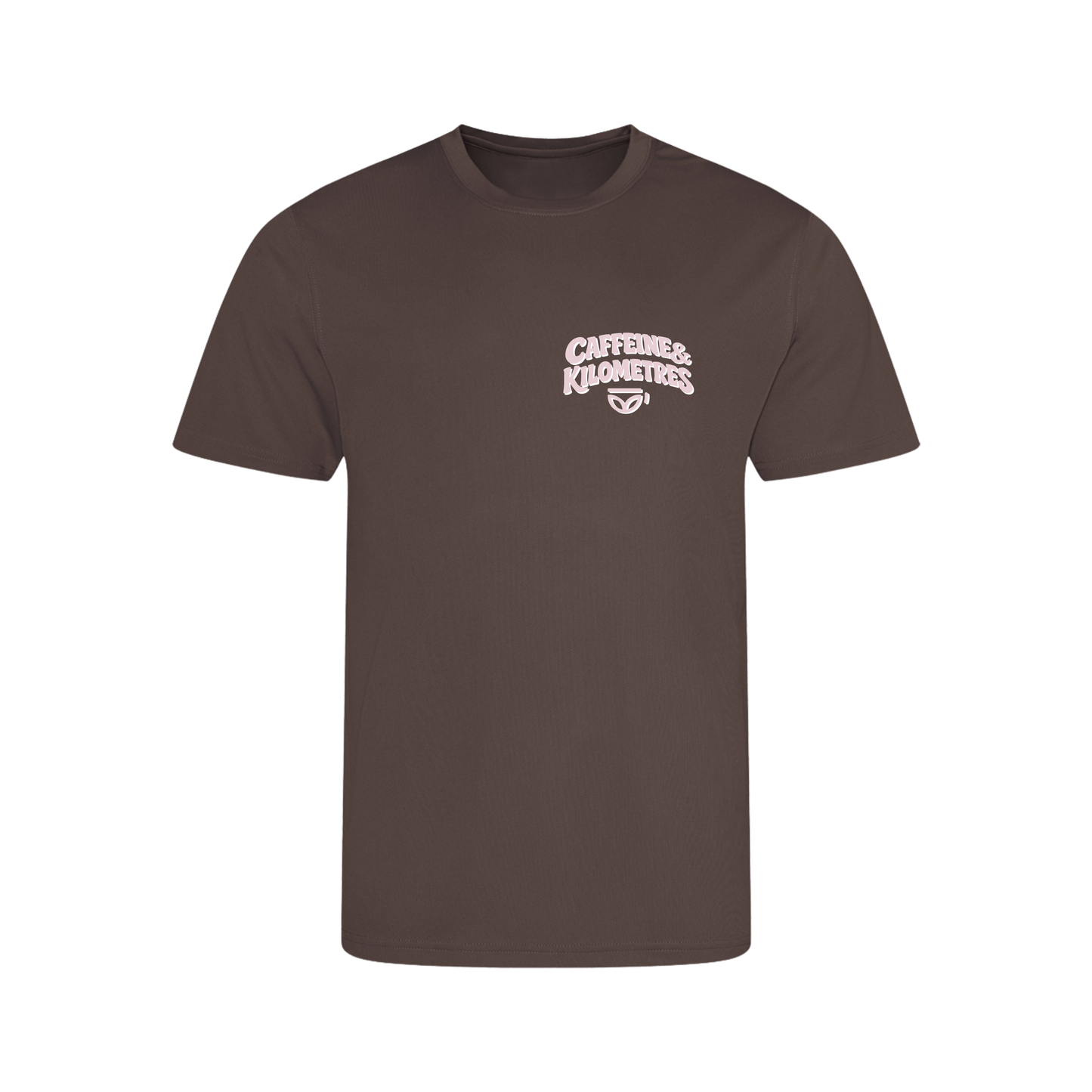 Caffeine and Kilometers Running Shirt - Short Sleeve Brown (Pastel Pink Logo)