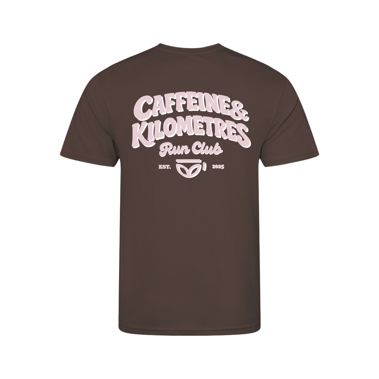 Caffeine and Kilometers Running Shirt - Short Sleeve Brown (Pastel Pink Logo)